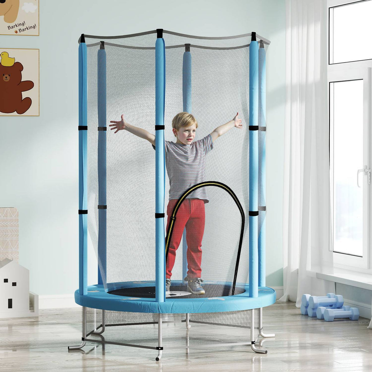 Children's trampoline Ø140 cm, indoor trampoline with safety net edge cover rubber rope, children's trampoline with door with zip, squid pattern, for children 3-6 years light blue |