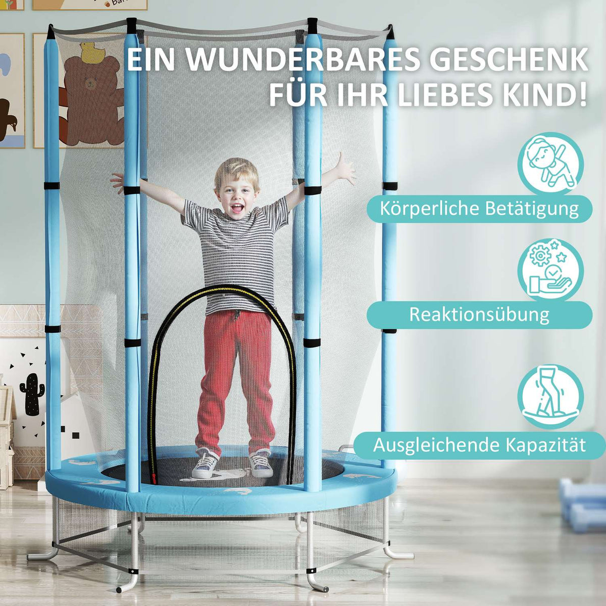 Children's trampoline Ø140 cm, indoor trampoline with safety net edge cover rubber rope, children's trampoline with door with zip, squid pattern, for children 3-6 years light blue |