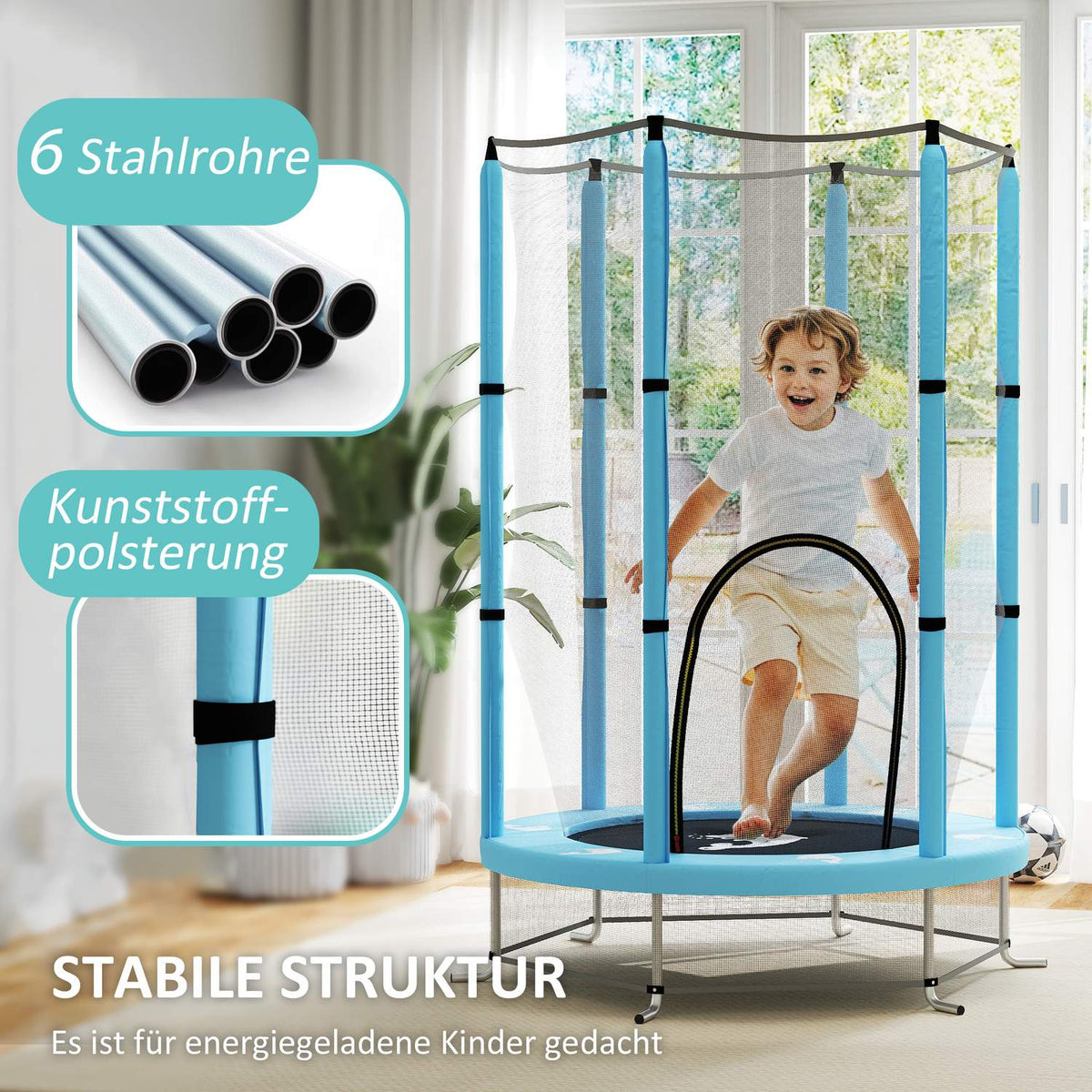 Children's trampoline Ø140 cm, indoor trampoline with safety net edge cover rubber rope, children's trampoline with door with zip, squid pattern, for children 3-6 years light blue |