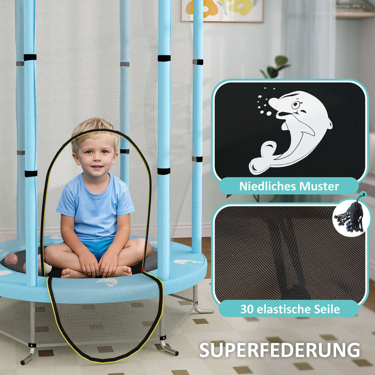 Children's trampoline Ø140 cm, indoor trampoline with safety net edge cover rubber rope, children's trampoline with door with zip, squid pattern, for children 3-6 years light blue |