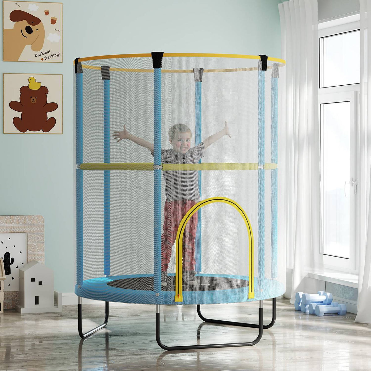 Children's trampoline Ø140 cm, indoor trampoline with safety net, rubber rope, edge cover, children's trampoline with door with zip for 3-6 years children dark blue |