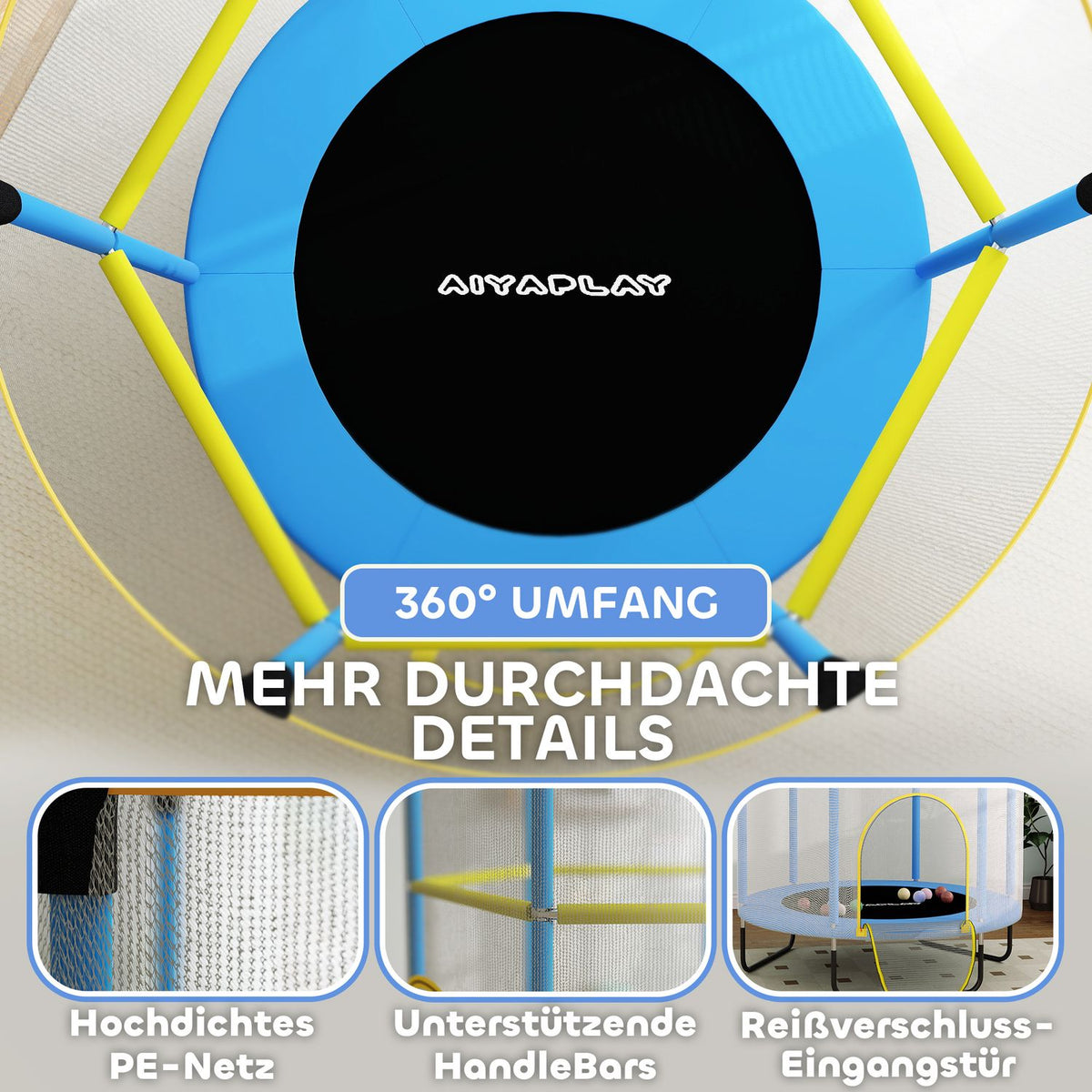 Children's trampoline Ø140 cm, indoor trampoline with safety net, rubber rope, edge cover, children's trampoline with door with zip for 3-6 years children dark blue |