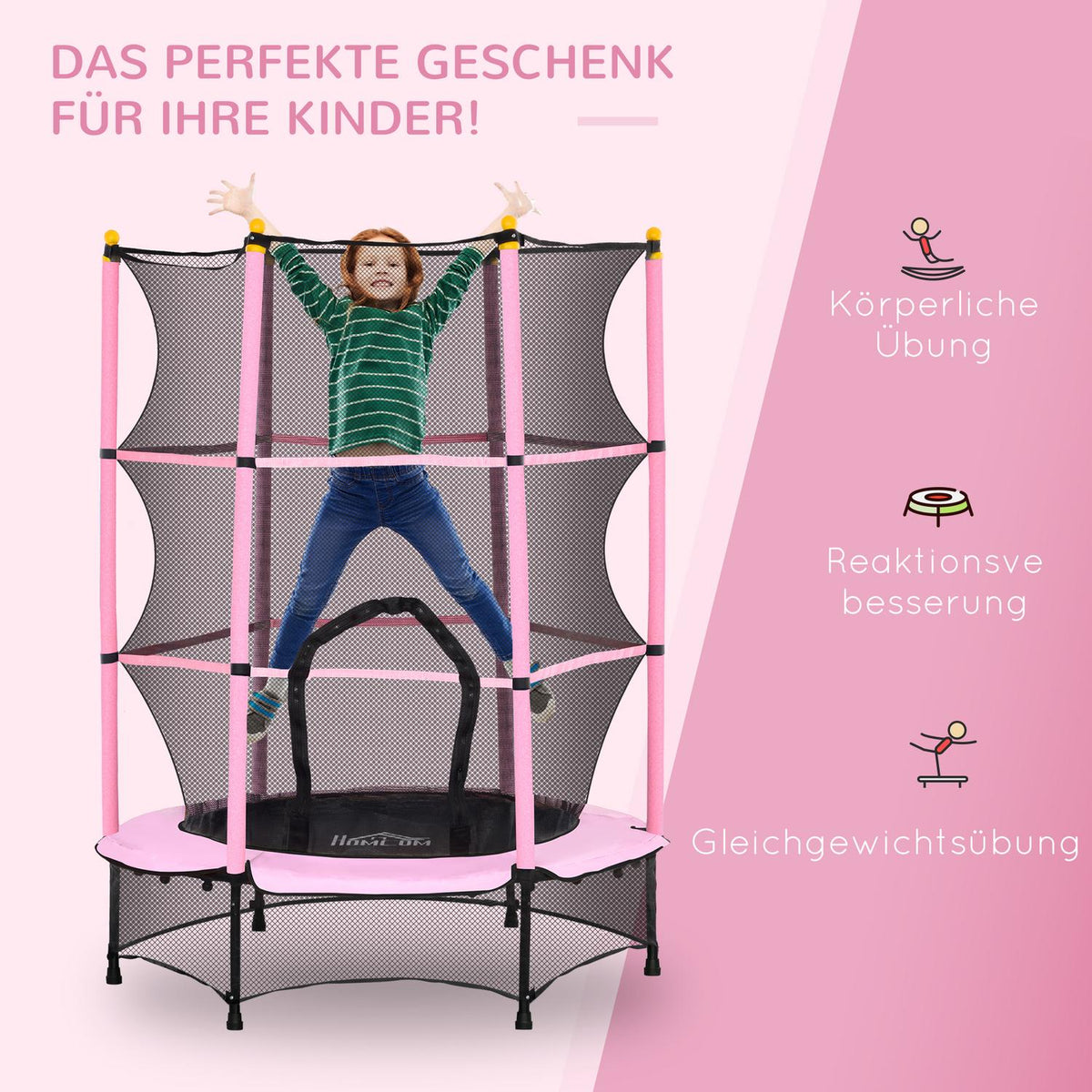 Children's trampoline Ø140 cm, trampoline with safety net, edge cover, garden trampoline for children 3-10 years, can hold up to 50 kg, pink