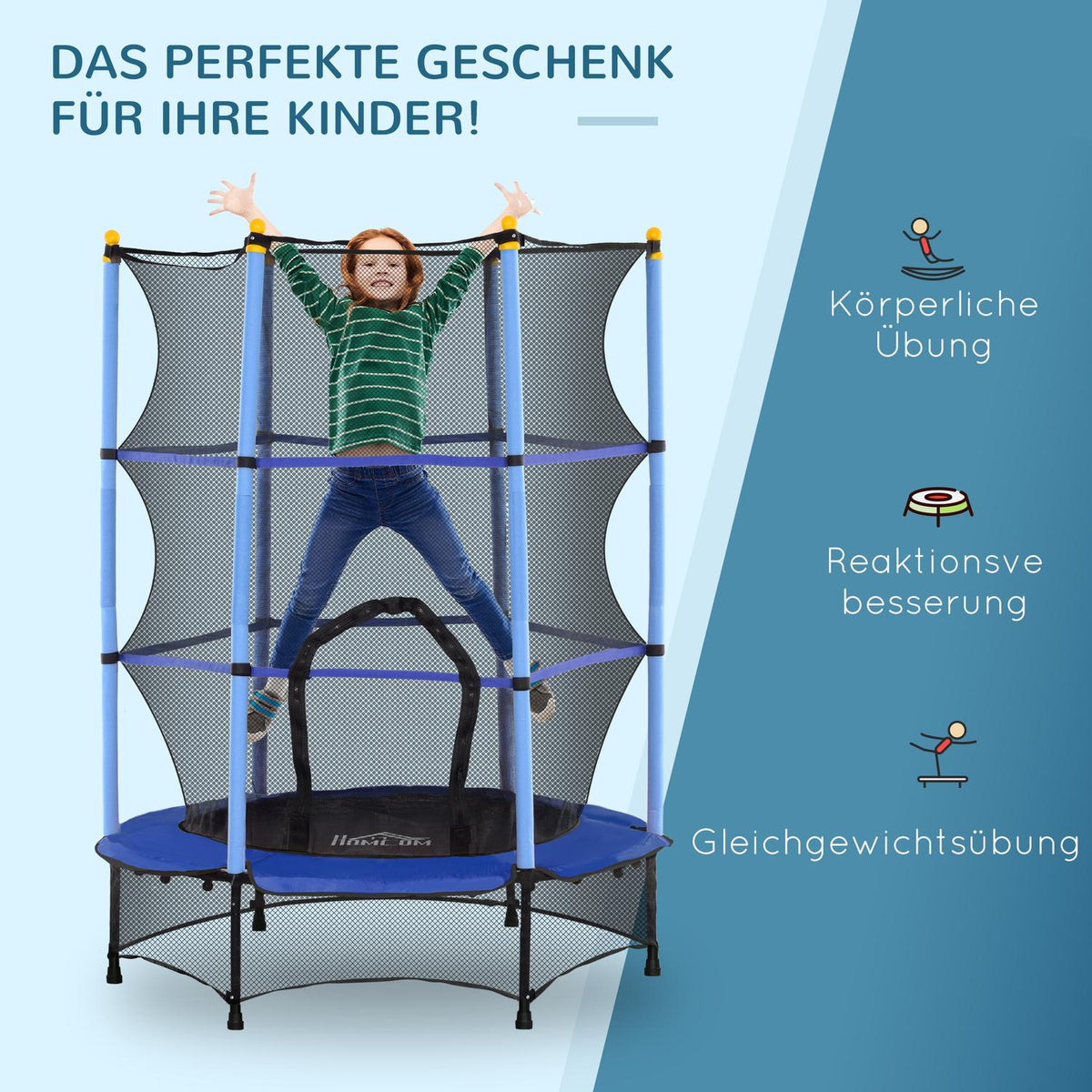Children's trampoline Ø140 cm, trampoline with safety net, edge cover, garden trampoline for children 3-10 years, load capacity up to 50 kg, blue