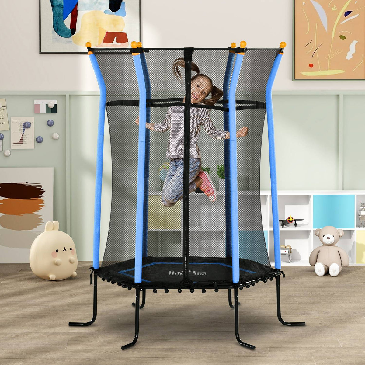 Children's trampoline Ø163.5 cm, indoor trampoline with safety net edge cover rubber rope, children's trampoline up to 50 kg, for children 3-10 years blue
