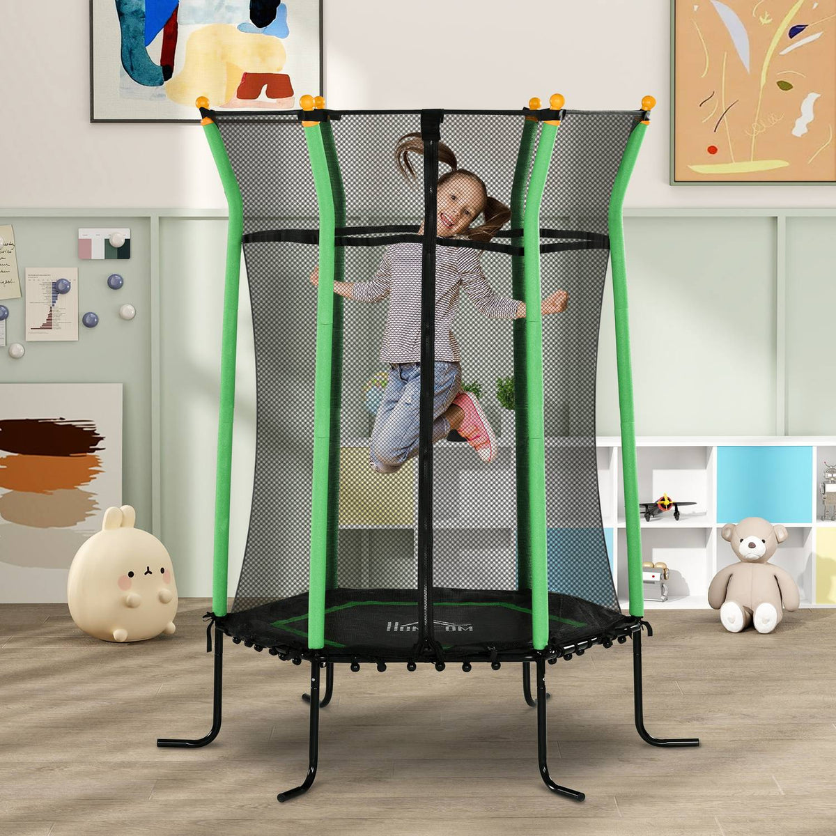 Children's trampoline Ø163.5 cm, indoor trampoline with safety net edge cover rubber rope, children's trampoline up to 50 kg, for children 3-10 years green