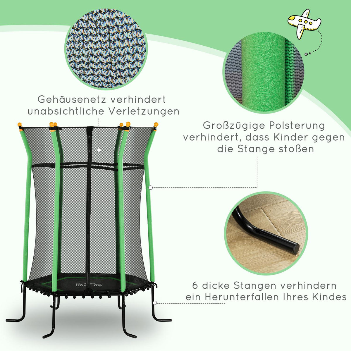 Children's trampoline Ø163.5 cm, indoor trampoline with safety net edge cover rubber rope, children's trampoline up to 50 kg, for children 3-10 years green