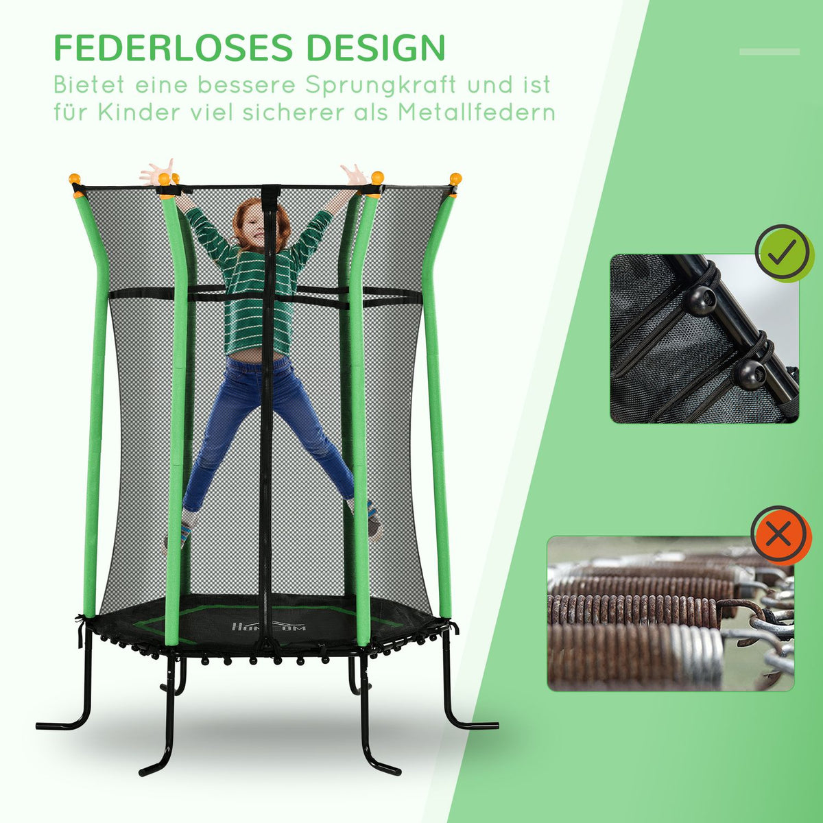 Children's trampoline Ø163.5 cm, indoor trampoline with safety net edge cover rubber rope, children's trampoline up to 50 kg, for children 3-10 years green