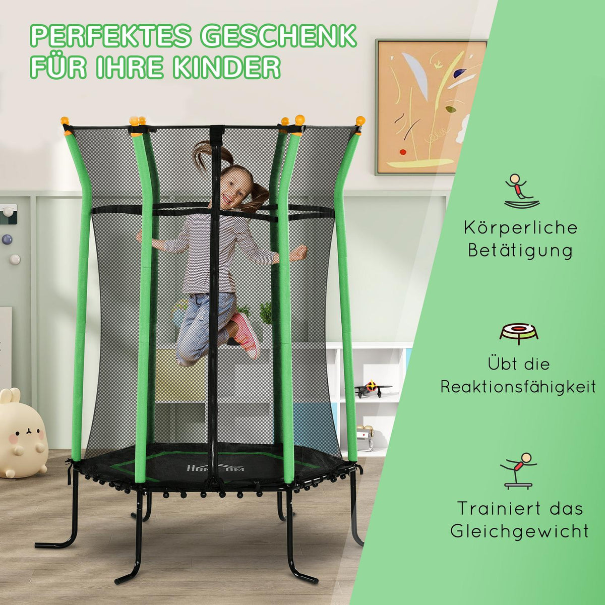 Children's trampoline Ø163.5 cm, indoor trampoline with safety net edge cover rubber rope, children's trampoline up to 50 kg, for children 3-10 years green