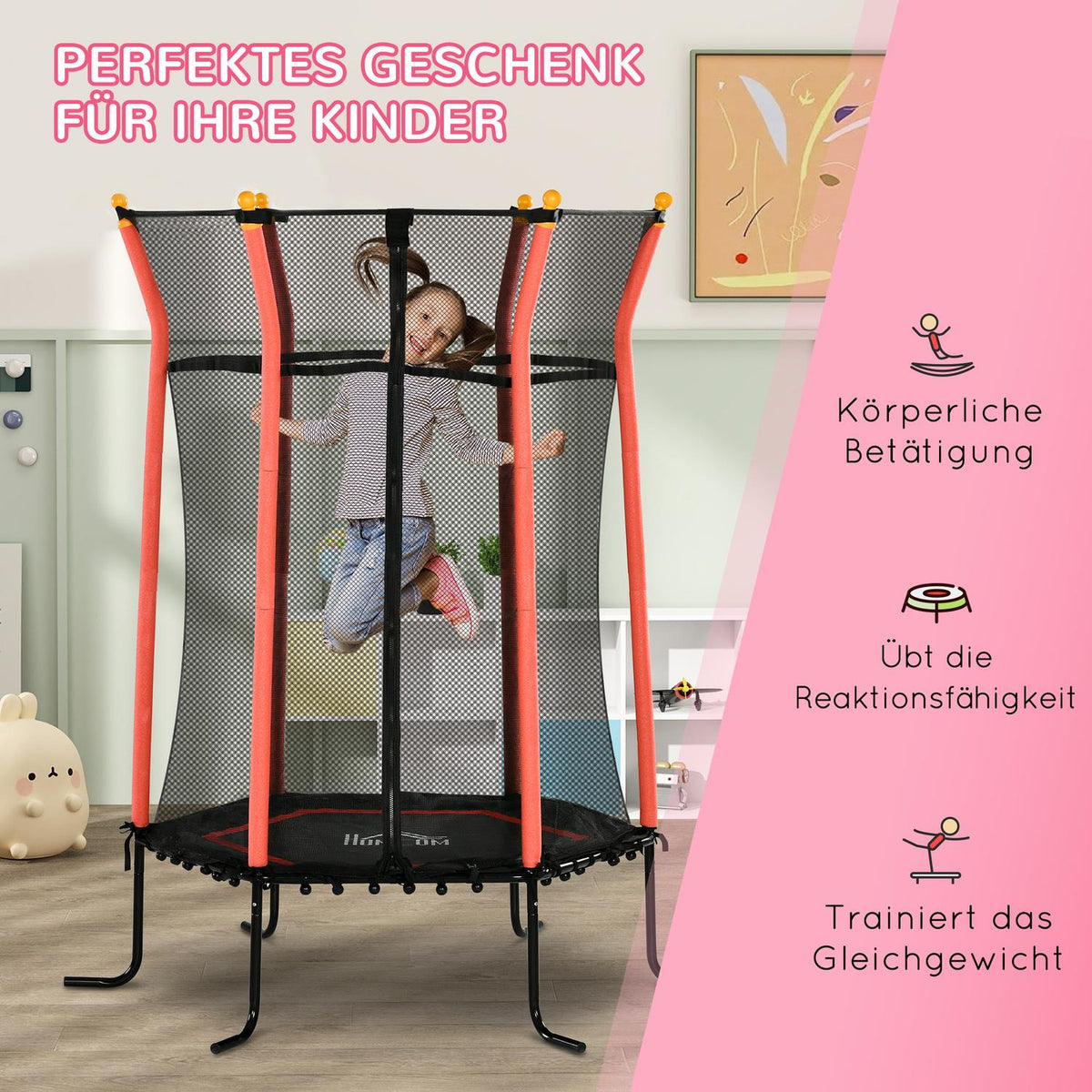 Children's trampoline Ø163.5 cm, indoor trampoline with safety net edge cover rubber rope, children's trampoline up to 50 kg, for children 3-10 years red