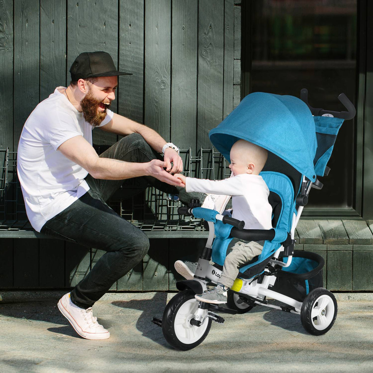 Children's tricycle, children's bike, back basket, cup holder, sun canopy, metal, blue