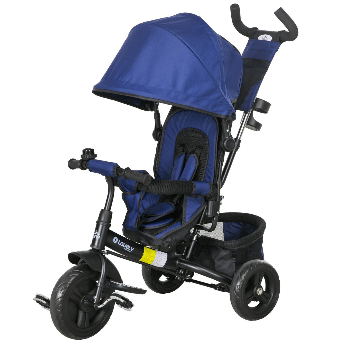 Children's tricycle, children's bike, back basket, cup holder, sun canopy, metal, dark blue