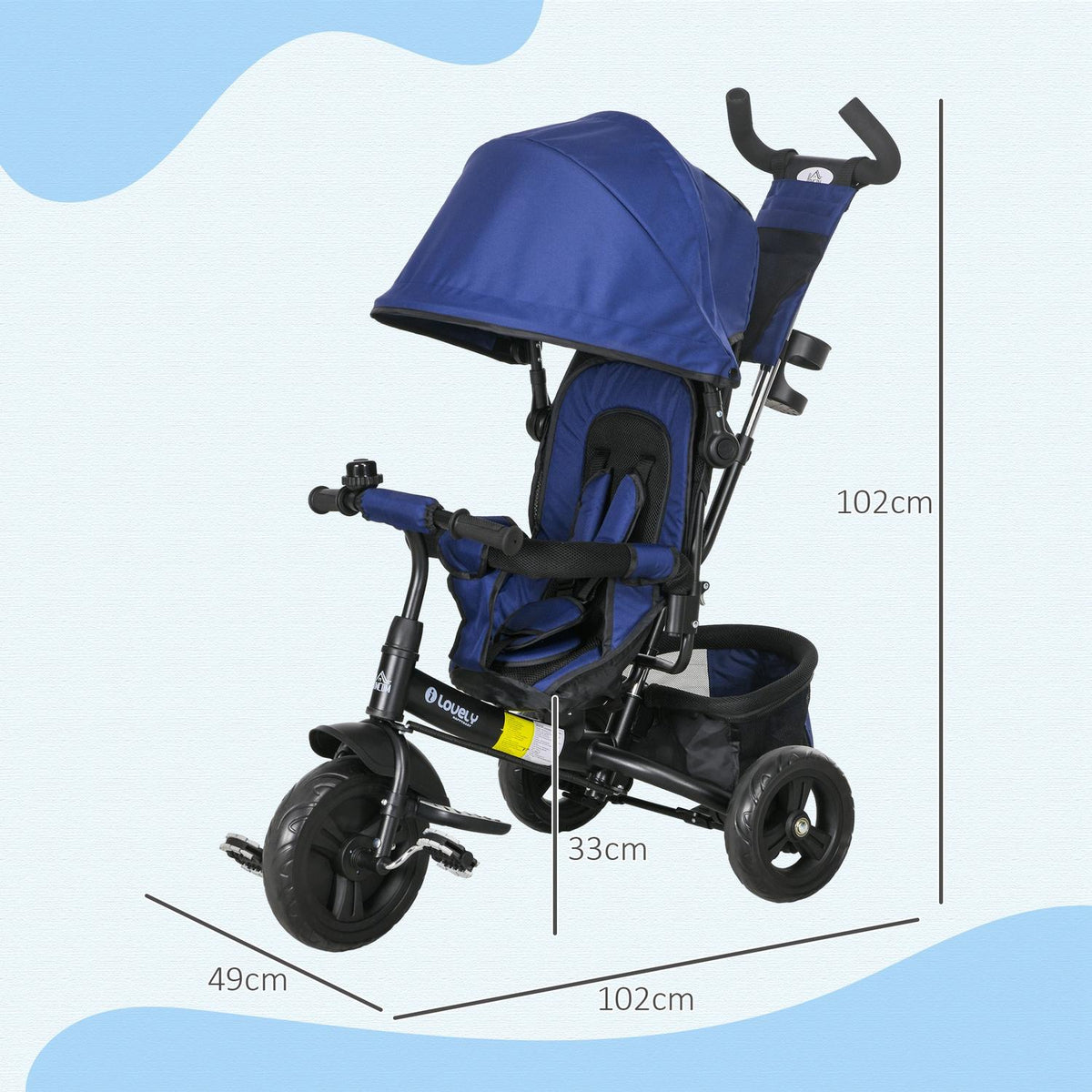 Children's tricycle, children's bike, back basket, cup holder, sun canopy, metal, dark blue