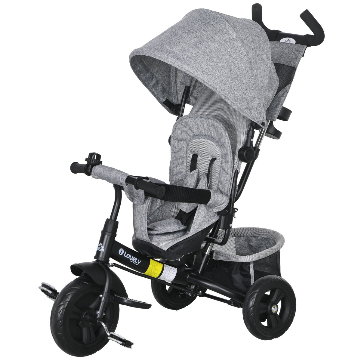 Children's tricycle, children's bike, back basket, cup holder, sun canopy, metal, grey