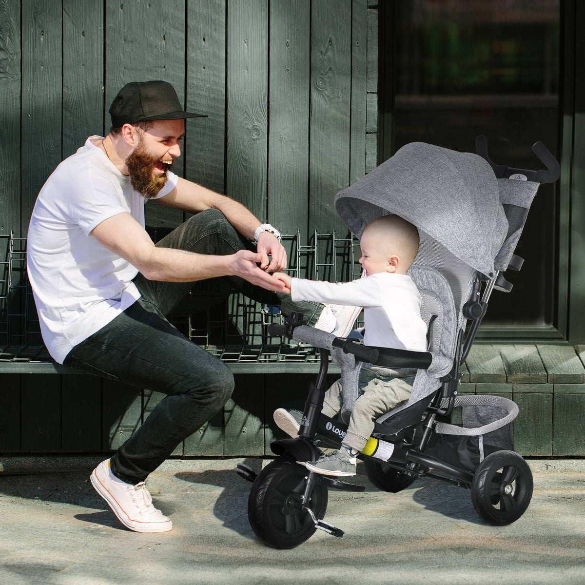 Children's tricycle, children's bike, back basket, cup holder, sun canopy, metal, grey