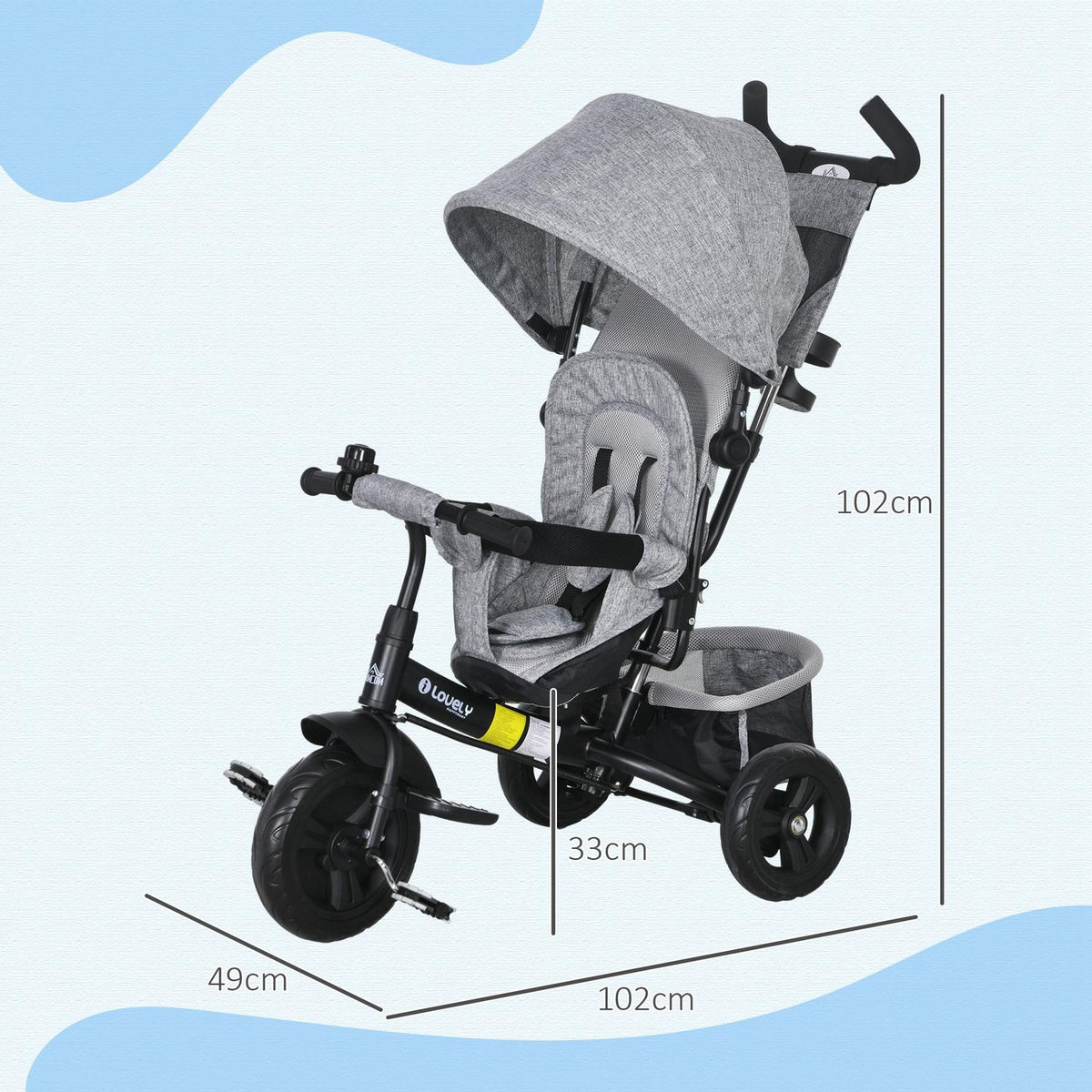 Children's tricycle, children's bike, back basket, cup holder, sun canopy, metal, grey