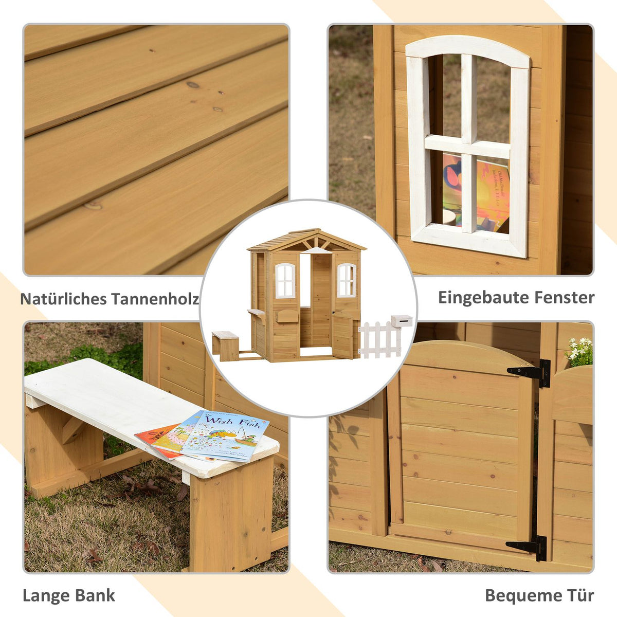 Children's wooden playhouse Outdoor playhouse with door, window and planter mailbox bench for children 3-6 years