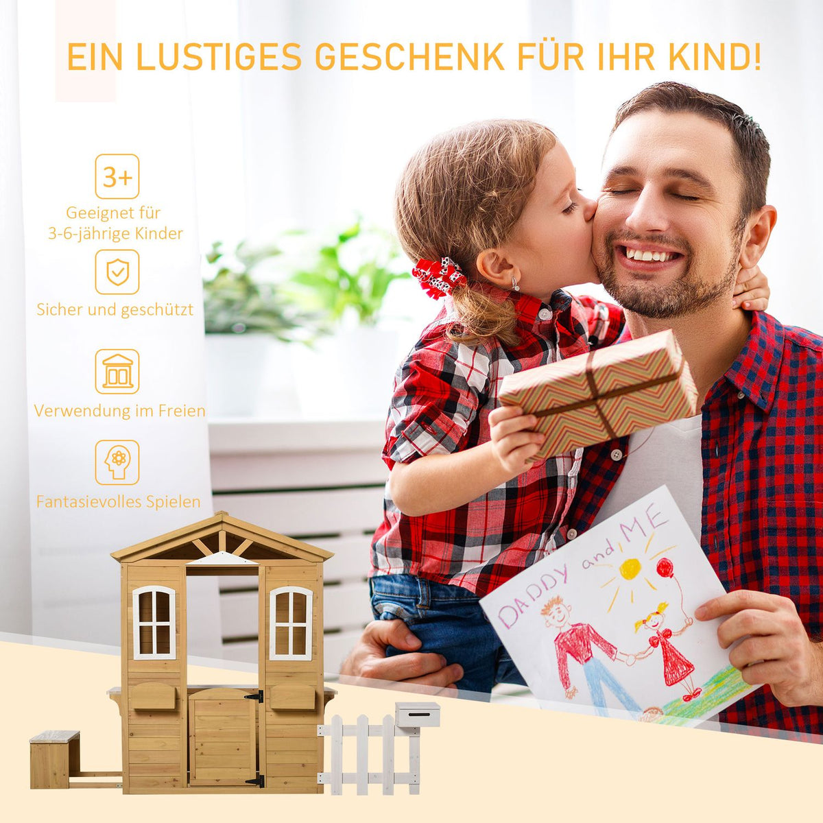 Children's wooden playhouse Outdoor playhouse with door, window and planter mailbox bench for children 3-6 years