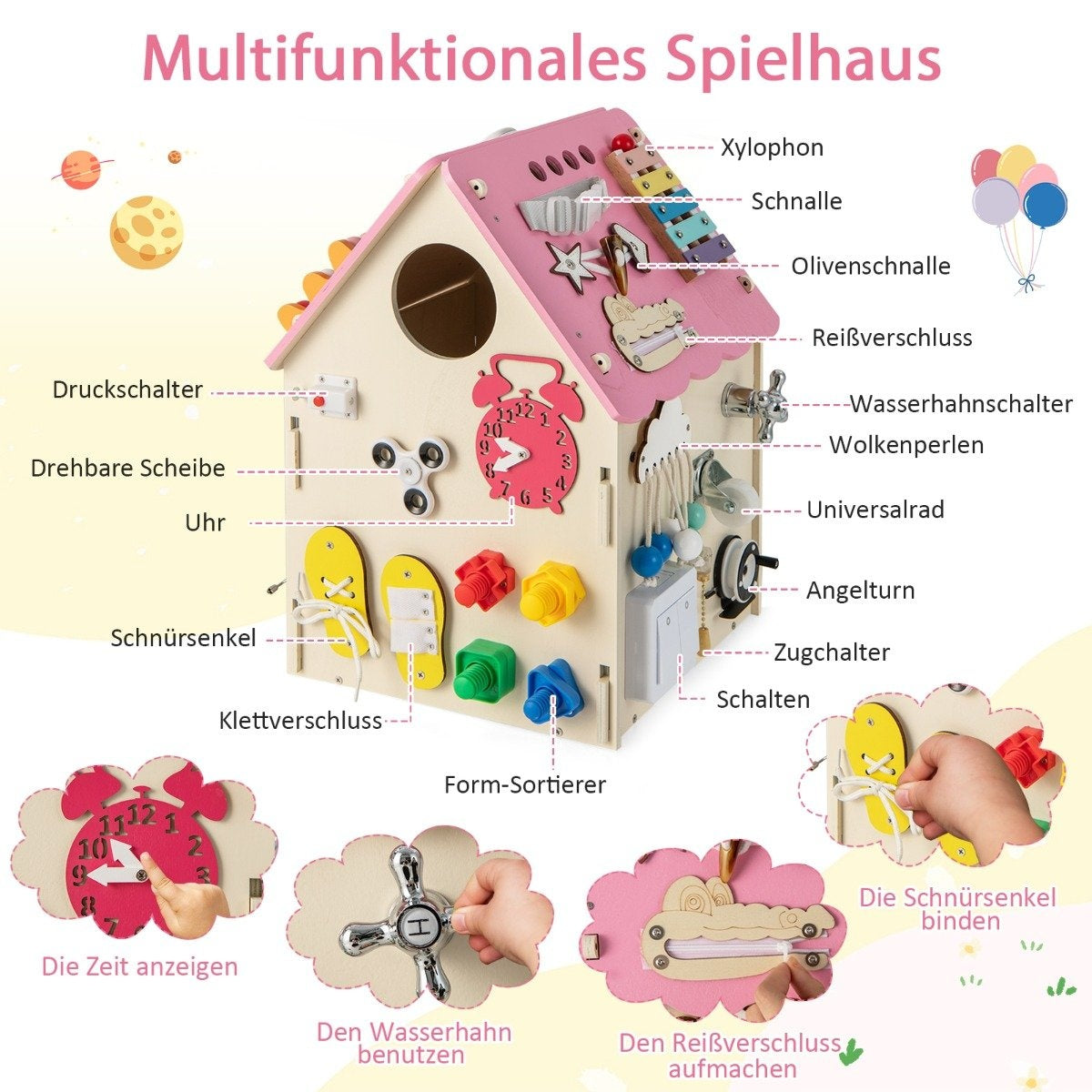 Children's wooden playhouse with sensory games and storage space for children aged 3 and over. Pink
