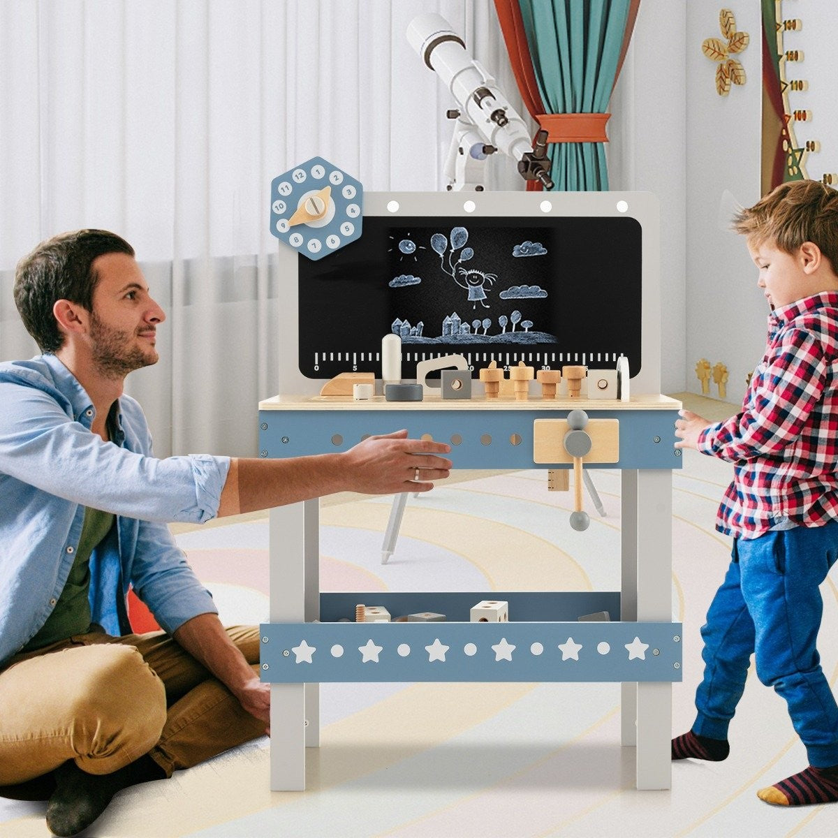 Children's wooden workbench with blackboard & clock & 61 accessories for children aged 3 and over blue