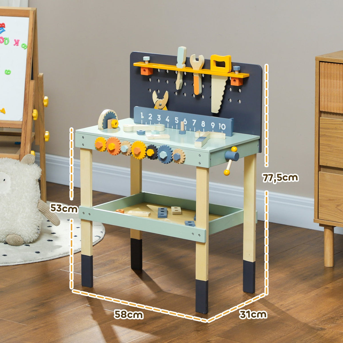 Children's workbench with tools and accessories, tool bench with screwdriver and wrench, pliers, toy for children 3-6 years, 58 x 31 x 77.5 cm light blue