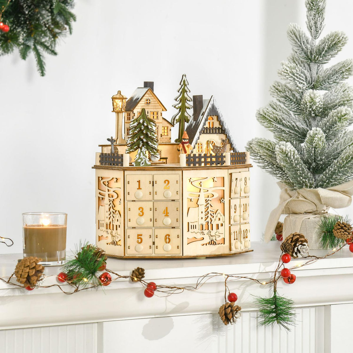 Christmas Advent Calendar With 24 Train Boxes Christmas Calendar With Led Lights Advent Calendar Box Plywood Board Natural Wood 25 X 20 X 29 Cm