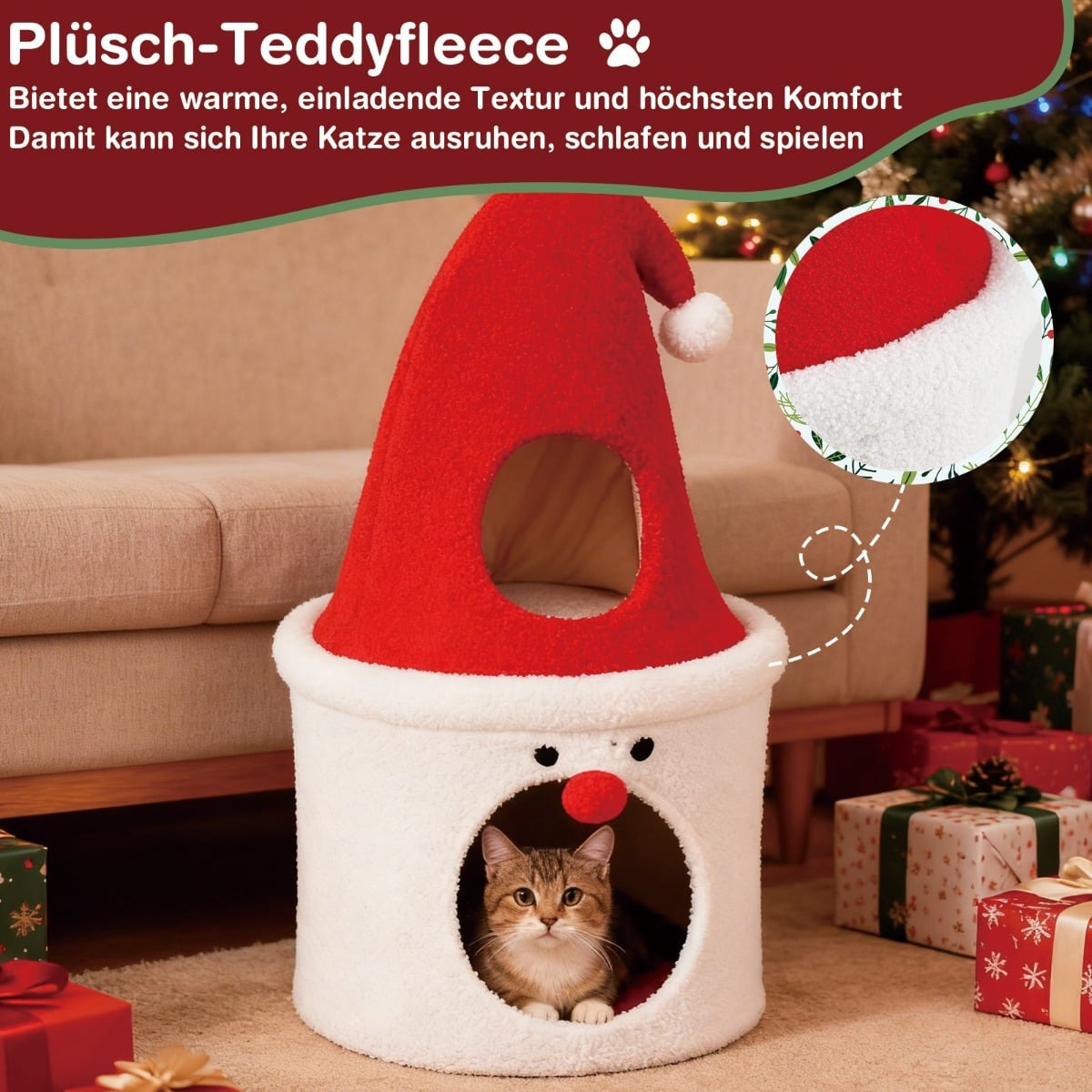 Christmas Cat Tree with Bed, 75 cm, Red, Plush Top