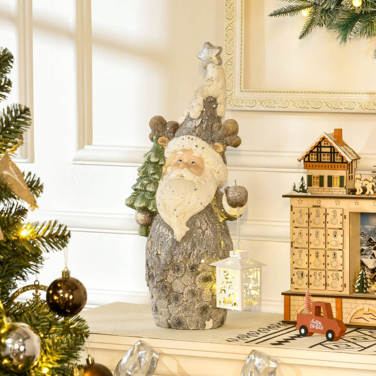 Christmas Decoration Figure, Santa Claus With Christmas Tree And Lantern, 55 Cm Christmas Figure With Led Light, Decorative Figure For Christmas