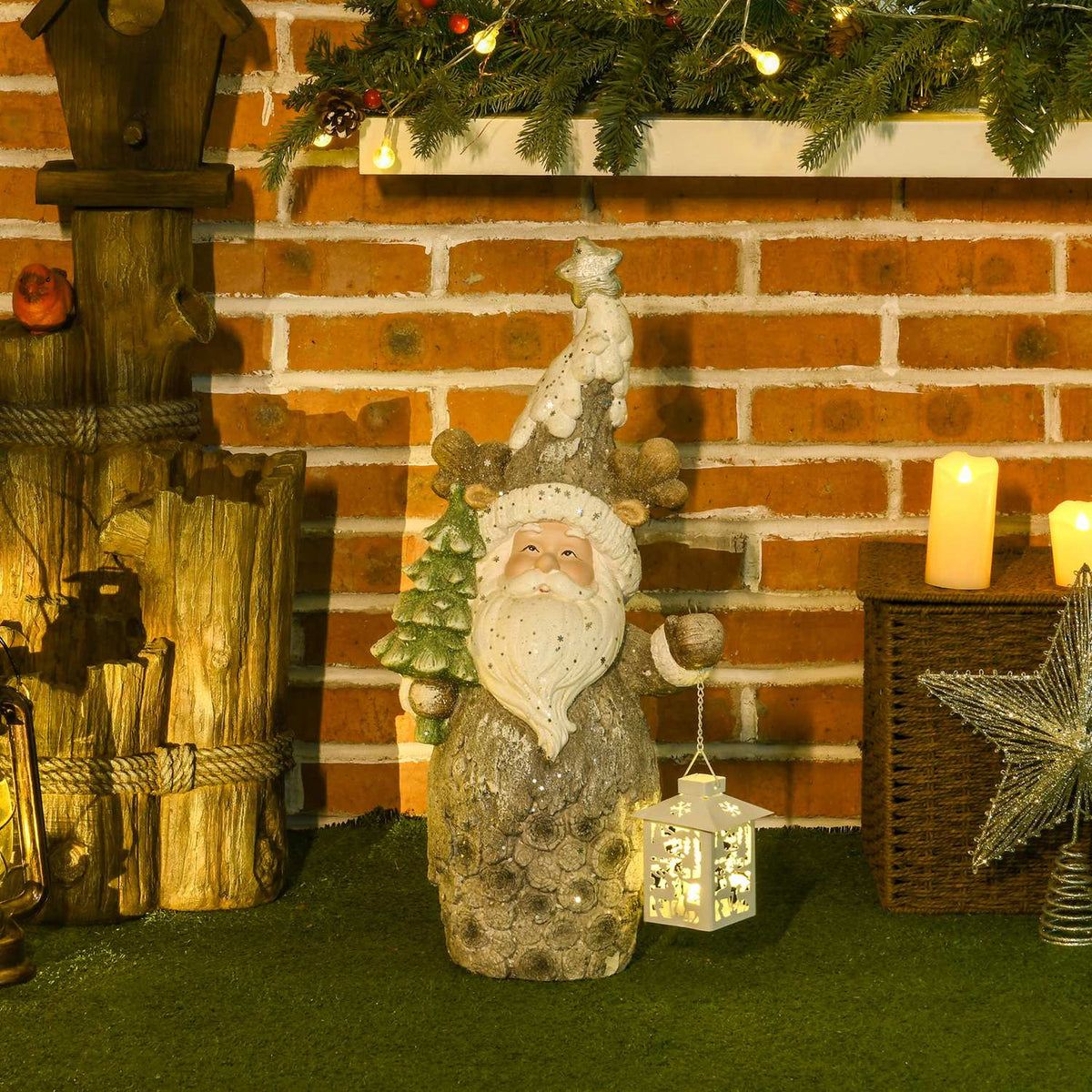 Christmas Decoration Figure, Santa Claus With Christmas Tree And Lantern, 55 Cm Christmas Figure With Led Light, Decorative Figure For Christmas