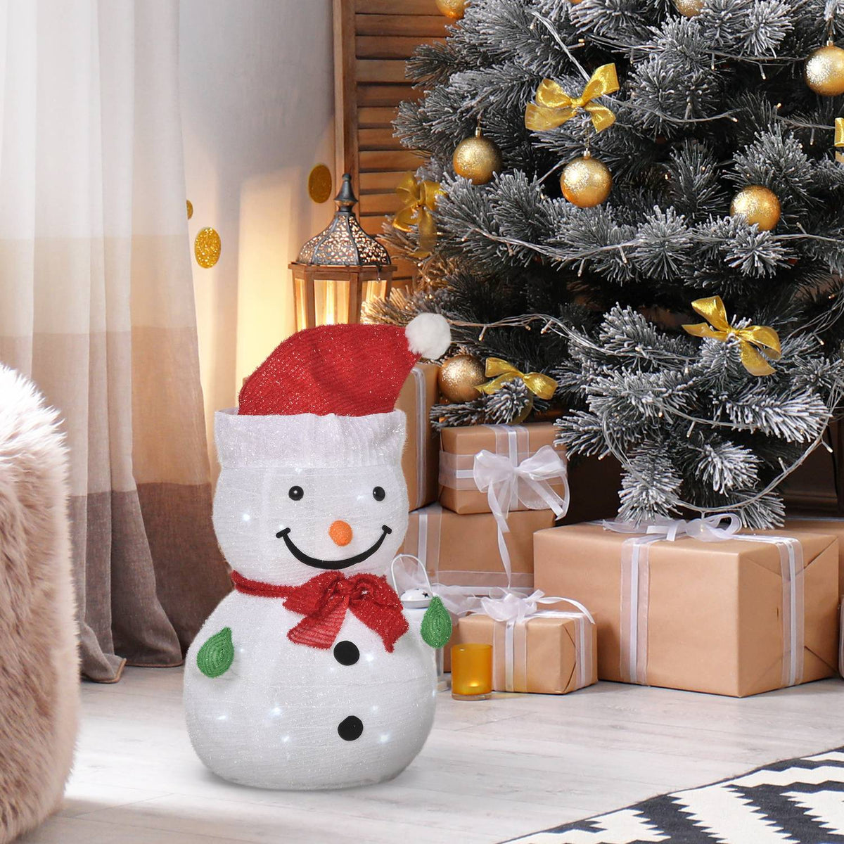 Christmas Decoration Snowman With Led Lights Model Garden Yard Decoration Foldable Weatherproof Polyester Green+Red+White Ø30 X 51 Cm