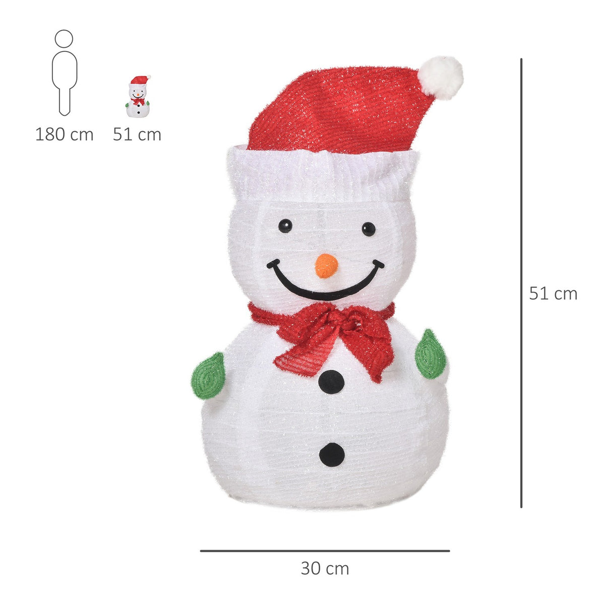 Christmas Decoration Snowman With Led Lights Model Garden Yard Decoration Foldable Weatherproof Polyester Green+Red+White Ø30 X 51 Cm