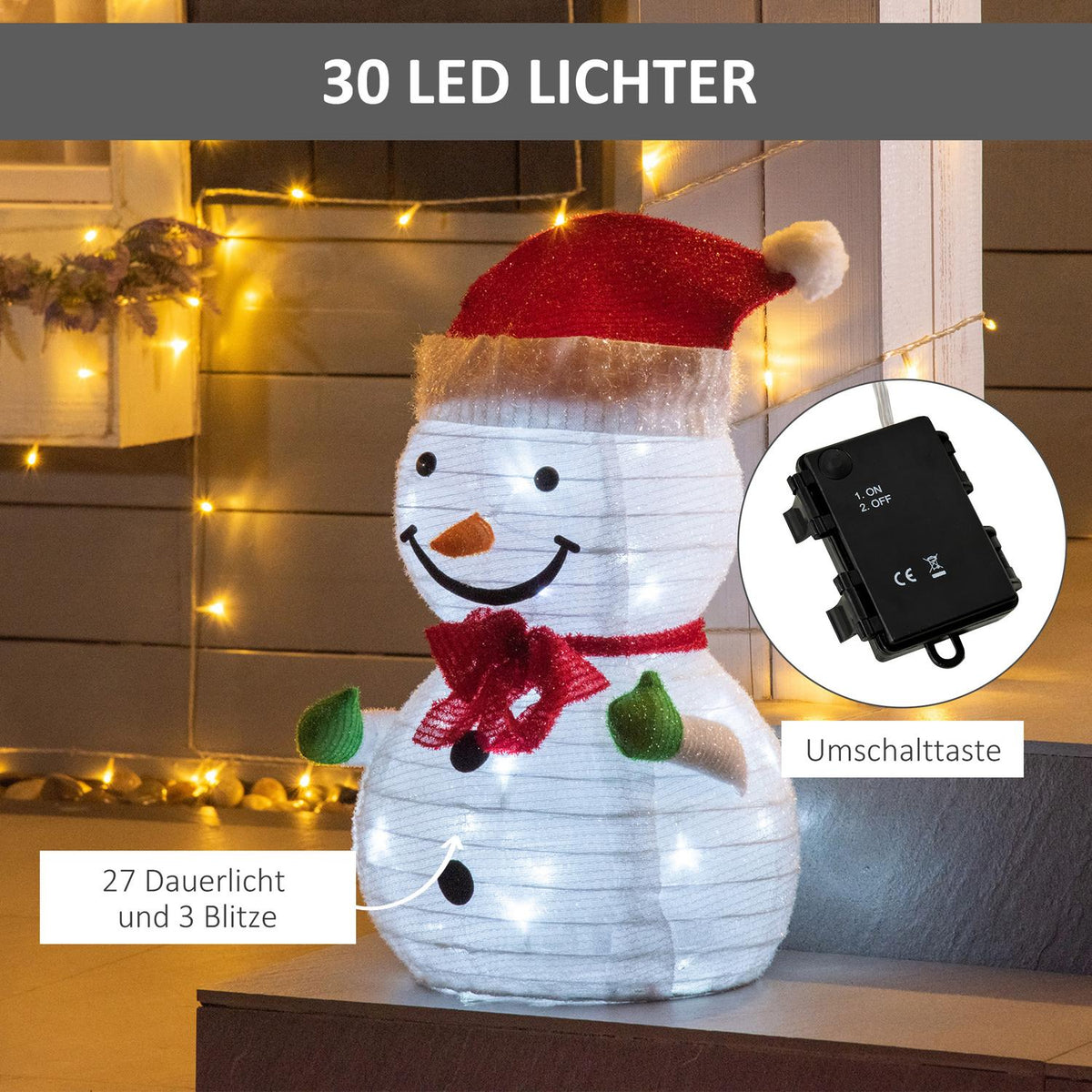Christmas Decoration Snowman With Led Lights Model Garden Yard Decoration Foldable Weatherproof Polyester Green+Red+White Ø30 X 51 Cm