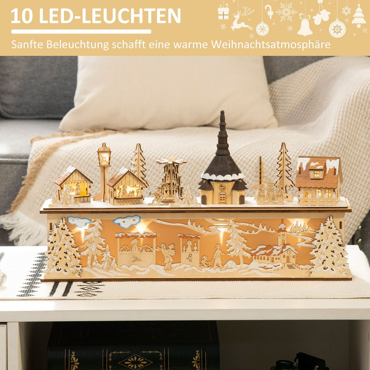 Christmas Decoration Snowy Christmas Village With 10 Leds Winter Landscape Illuminated Window Decoration Table Decoration Natural 45 X 10 X 25 Cm