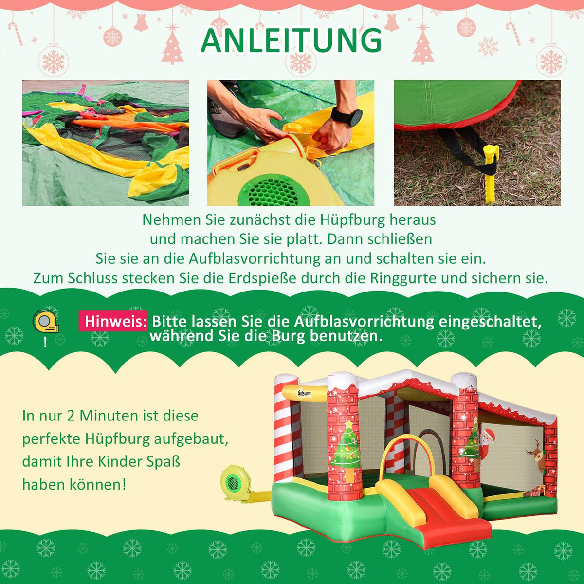 Christmas Inflatable Bouncy Castle Play Castle Trampoline Small Slide Ball Pit For 3 Children With Blower For 3-8 Years Red + Green