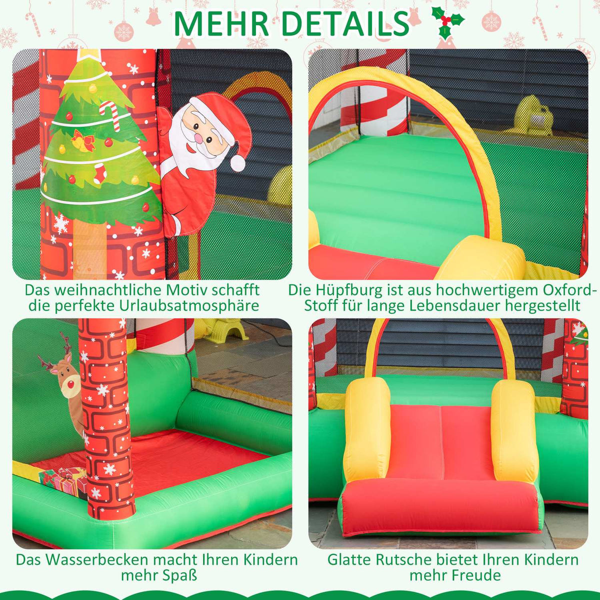 Christmas Inflatable Bouncy Castle Play Castle Trampoline Small Slide Ball Pit For 3 Children With Blower For 3-8 Years Red + Green