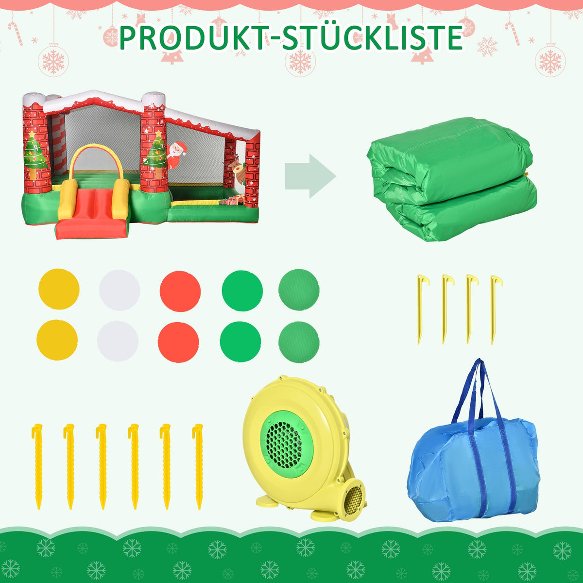 Christmas Inflatable Bouncy Castle Play Castle Trampoline Small Slide Ball Pit For 3 Children With Blower For 3-8 Years Red + Green