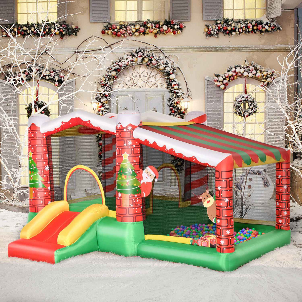 Christmas Inflatable Bouncy Castle Play Castle Trampoline Small Slide Ball Pit For 3 Children With Blower For 3-8 Years Red + Green