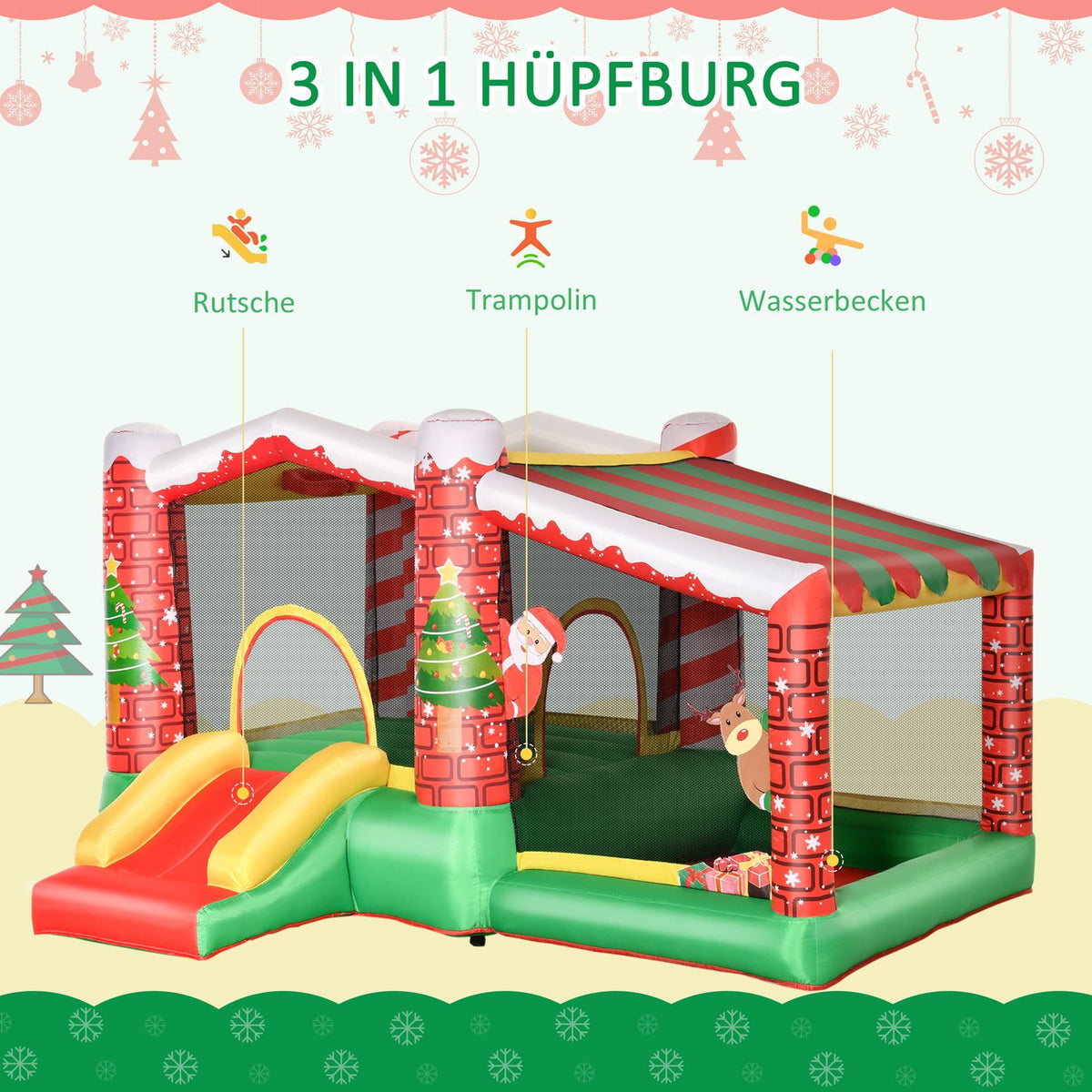 Christmas Inflatable Bouncy Castle Play Castle Trampoline Small Slide Ball Pit For 3 Children With Blower For 3-8 Years Red + Green