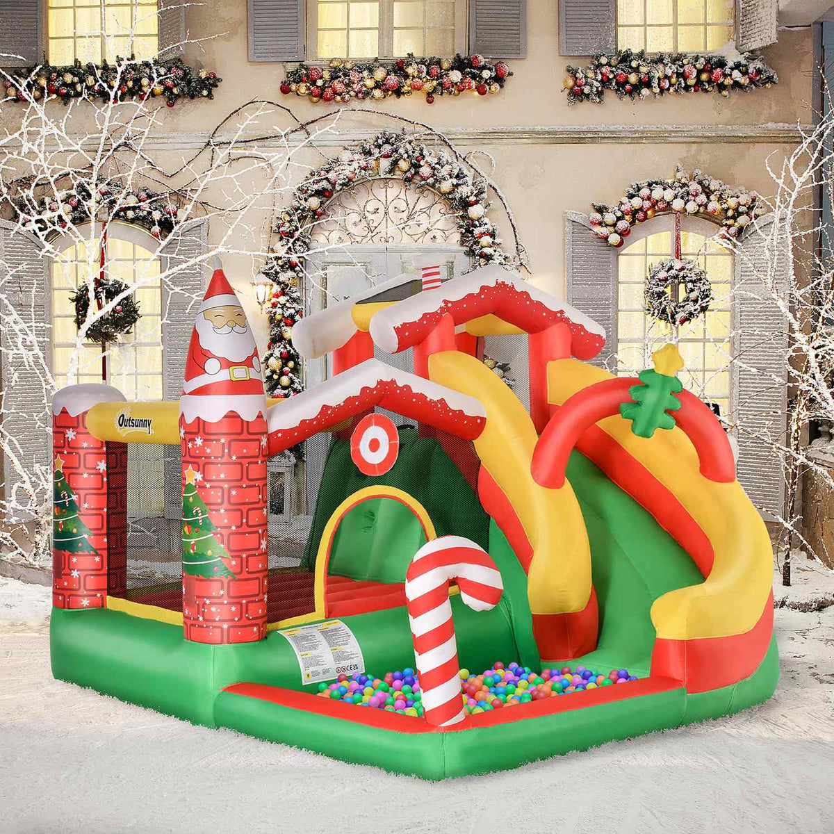 Christmas Inflatable Bouncy Castle Play Castle With Slide Ball Pit For 3 Children With Blower For 3-8 Years Red + Green + White 290 X 280 X 220 Cm
