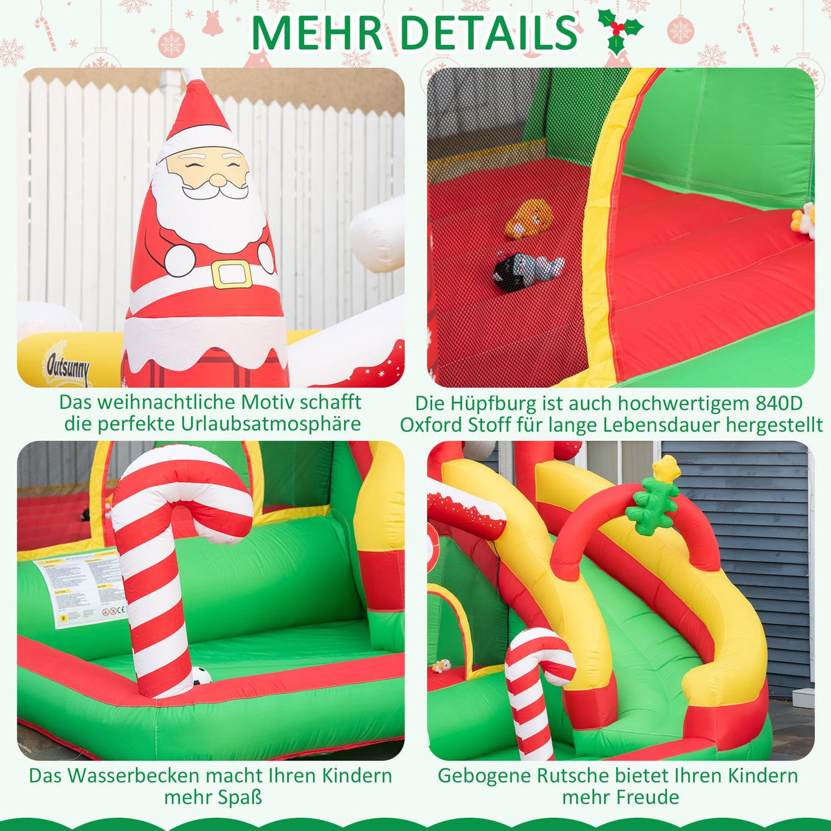 Christmas Inflatable Bouncy Castle Play Castle With Slide Ball Pit For 3 Children With Blower For 3-8 Years Red + Green + White 290 X 280 X 220 Cm