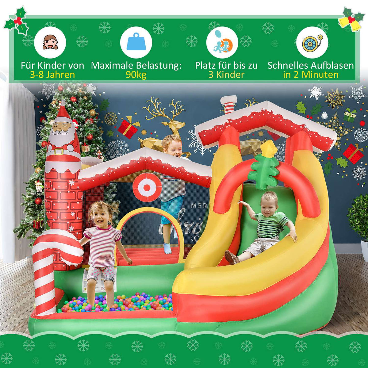 Christmas Inflatable Bouncy Castle Play Castle With Slide Ball Pit For 3 Children With Blower For 3-8 Years Red + Green + White 290 X 280 X 220 Cm