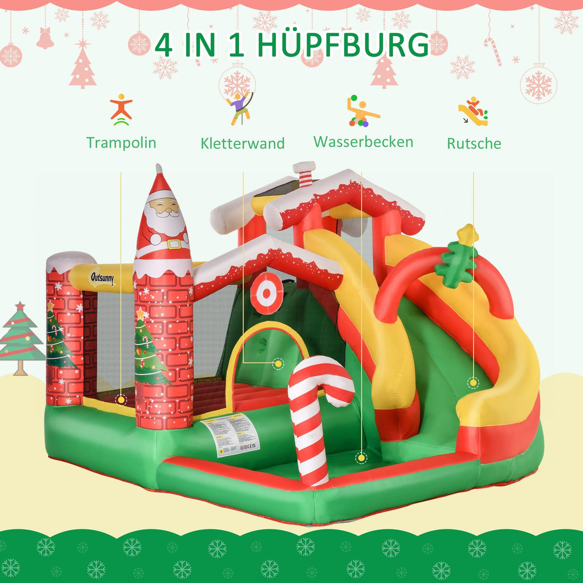 Christmas Inflatable Bouncy Castle Play Castle With Slide Ball Pit For 3 Children With Blower For 3-8 Years Red + Green + White 290 X 280 X 220 Cm