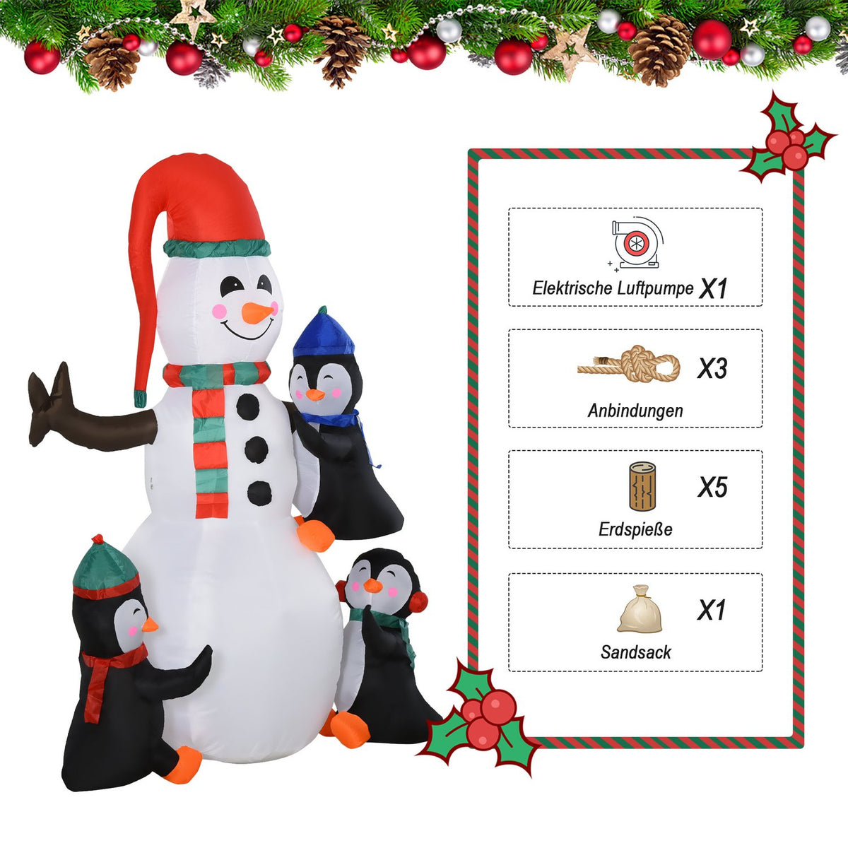 Christmas Inflatable Snowman With 3 Penguins Leds Polyester 140 X 70 X 180 Cm