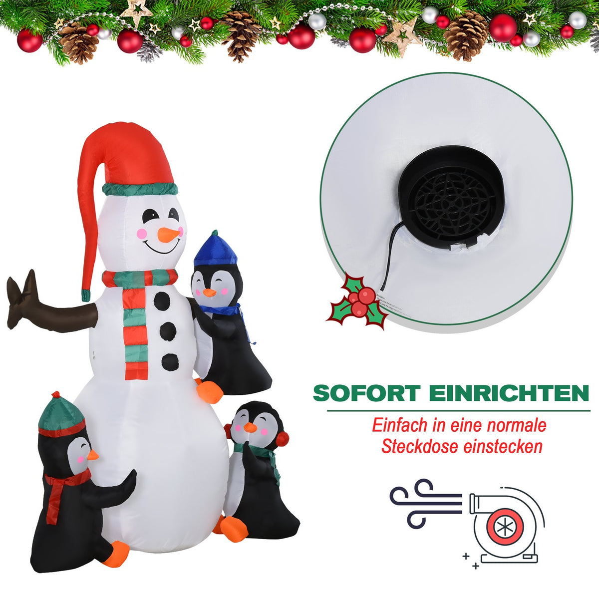 Christmas Inflatable Snowman With 3 Penguins Leds Polyester 140 X 70 X 180 Cm