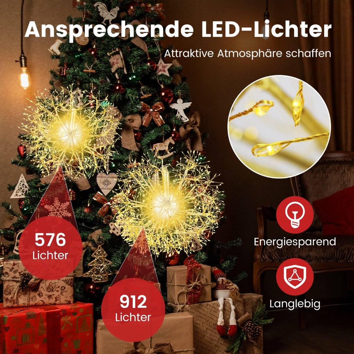 Christmas Light Ball Pack of 2 LED Balls for Hanging Christmas Lights for Outside and Inside Gold