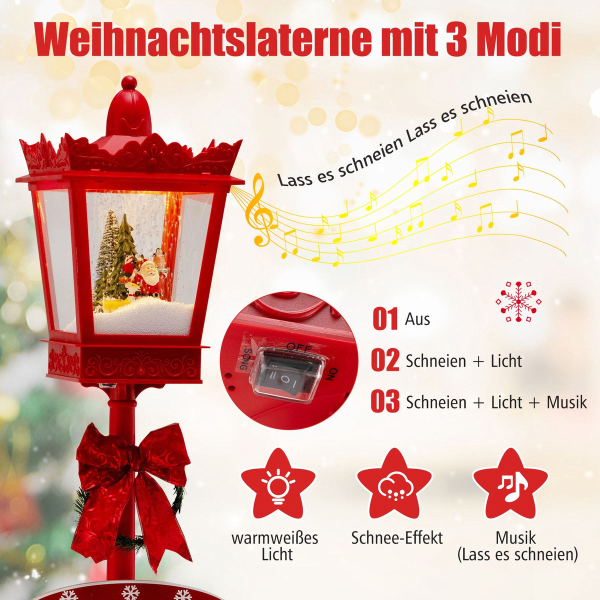 Christmas Street Lantern 185 cm, LED Snowfall, Music