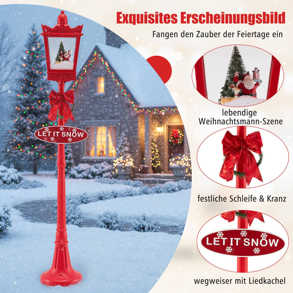 Christmas Street Lantern 185 cm, LED Snowfall, Music