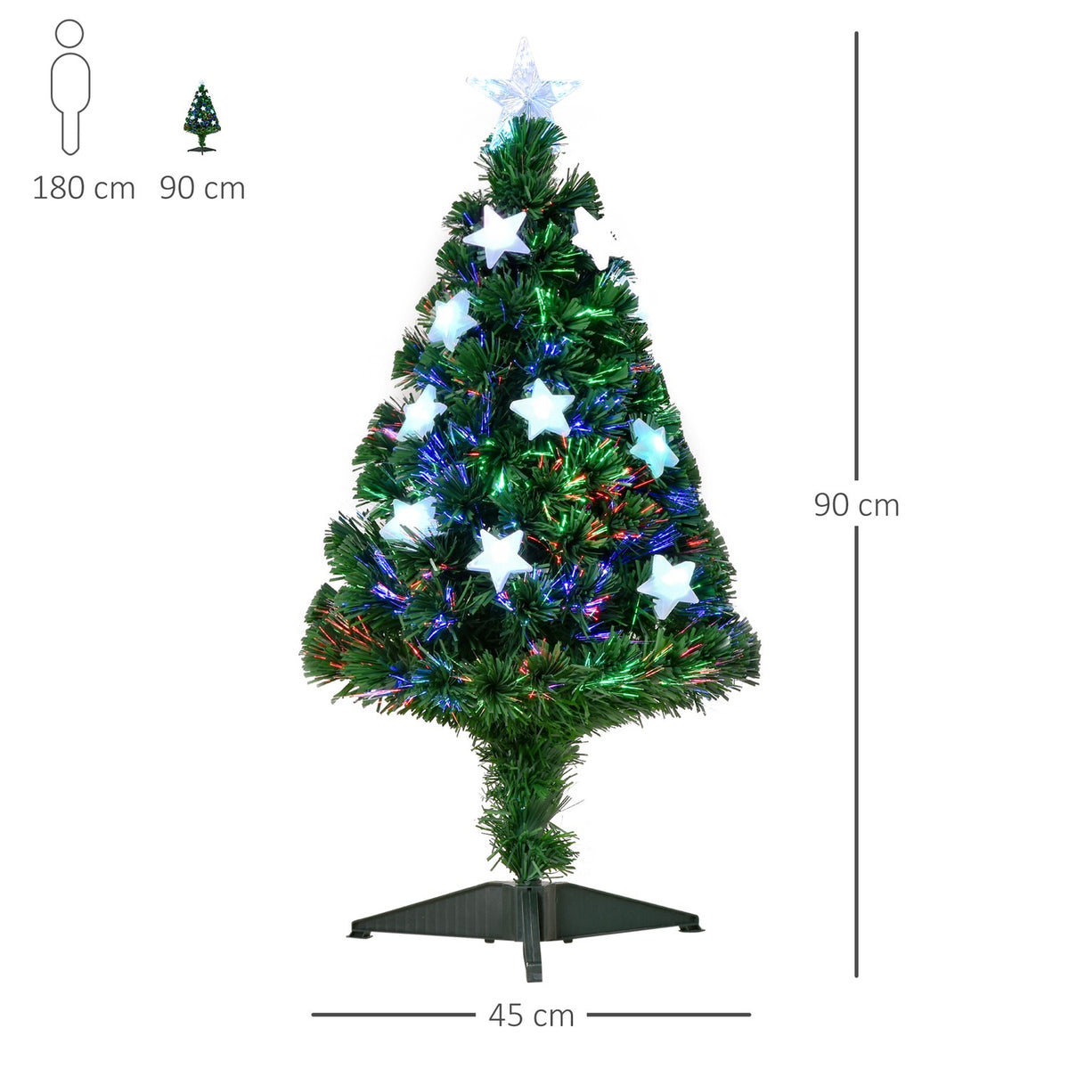Christmas Tree 0.9 M Artificial Fir Tree 90 Branches With Led Lights Anti-Slip Pads Can Be Dismantled Fiber Optic Color Changer Pvc Metal Green 45X45X90Cm