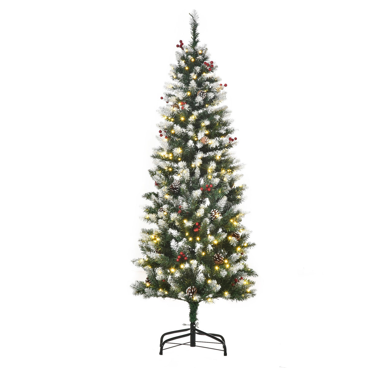 Christmas Tree 1.5 M Christmas Tree With 25 Red Berries Pine Cones Led Lights Artificial Fir 408 Branches Pvc Steel Green + White Ø53 X 150 Cm