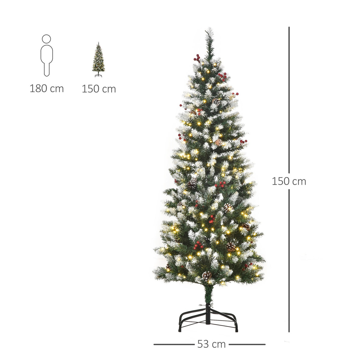 Christmas Tree 1.5 M Christmas Tree With 25 Red Berries Pine Cones Led Lights Artificial Fir 408 Branches Pvc Steel Green + White Ø53 X 150 Cm